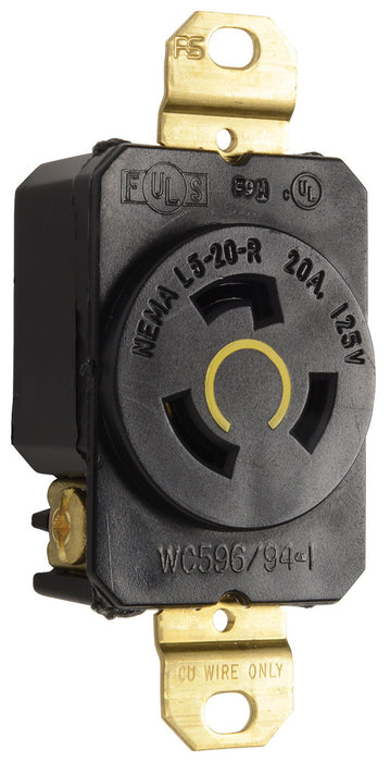 PRISE SIMPLE NEMA L520 20A 125V, 2 PÔLES, 3 FILS - NOIRE