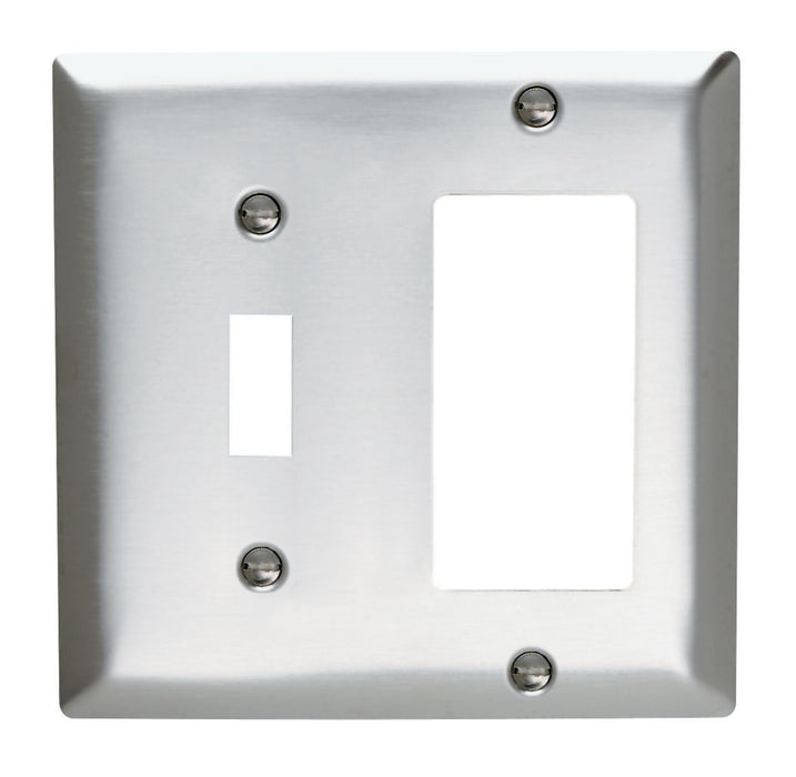 PLAQUE AVEC OUVERTURE COMBINÉE, 1 INTERRUPTEUR À BASCULE ET 1 DÉCORATEUR, DEUX GROUPES - ACIER INOXYDABLE 302/304