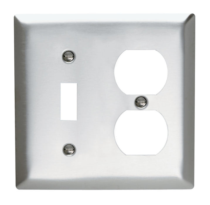 PLAQUE AVEC OUVERTURE COMBINÉE, 1 INTERRUPTEUR À BASCULE ET 1 PRISE DUPLEX, DEUX GROUPES - ACIER INOXYDABLE 302/304