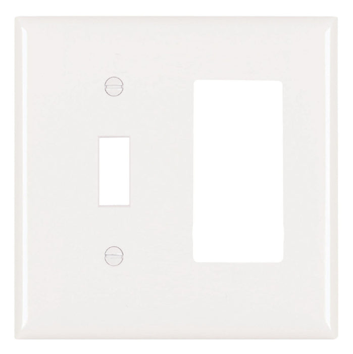 PLAQUE AVEC OUVERTURE COMBINÉE, 1 INTERRUPTEUR À BASCULE ET 1 DÉCORATEUR, DEUX GANGS - BLANC