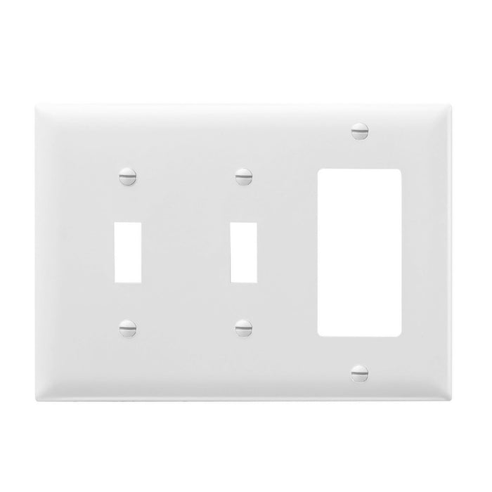 PLAQUE TROIS GROUPES AVEC OUVERTURE COMBINÉE, 2 INTERRUPTEURS À BASCULE ET 1 DÉCORATEUR - BLANC