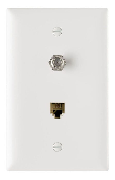 PLAQUE UN GROUPE PRÉCONFIGURÉE AVEC UNE PRISE TÉLÉPHONIQUE RJ11 ET UN COUPLEUR DE TYPE F - BLANCHE